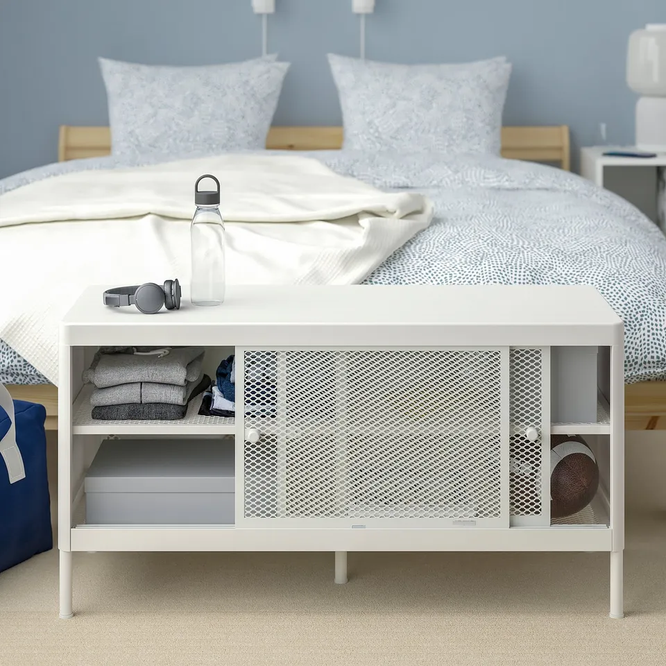 White ikea MACKAPÄR bench with shelves, fits narrow spaces, adjustable height