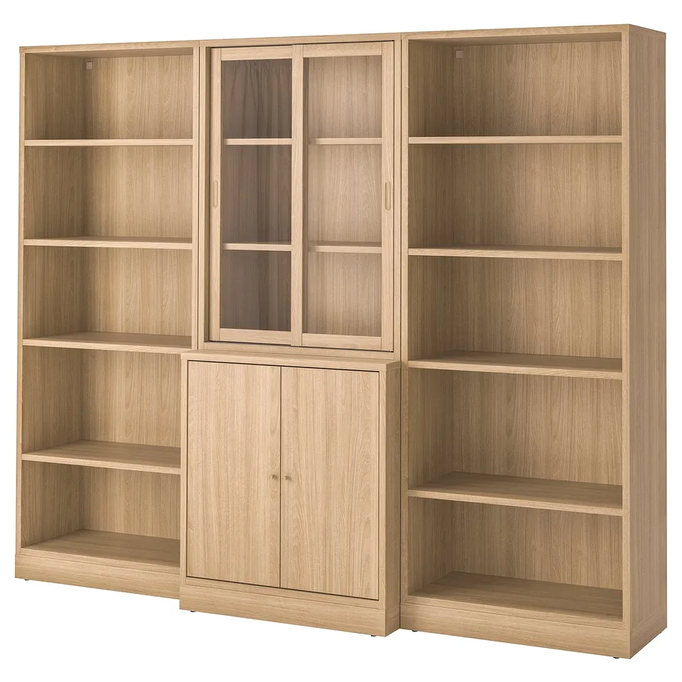 TONSTAD light brown wooden bookshelf combination with glass doors, open shelves, and cabinets in modern design.