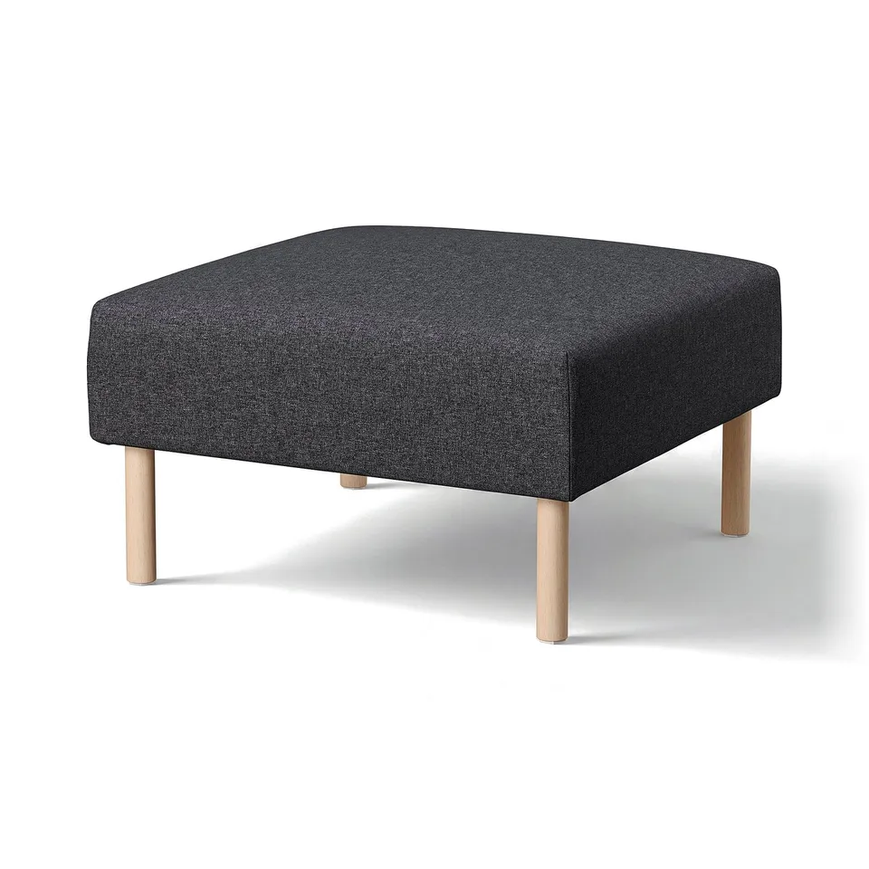 LILLEHEM modern ottoman: square, dark grey fabric, wooden legs, clean design.