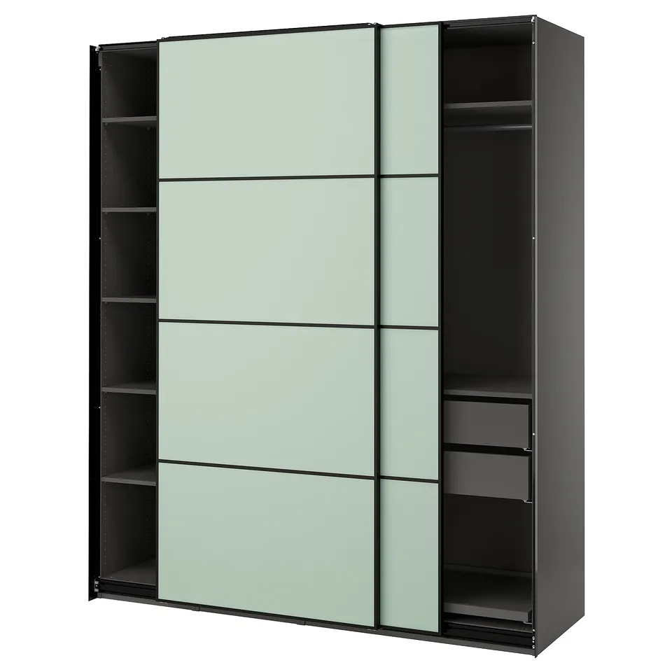 Modern grey PAX wardrobe with light-green mirrored sliding doors and internal shelves.