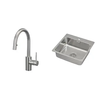 LÅNGUDDEN/SALLSJÖN set: inset sink, 1 bowl + kitchen mixer tap pull out, stainless steel colour + stainless steel, Height 370 mm