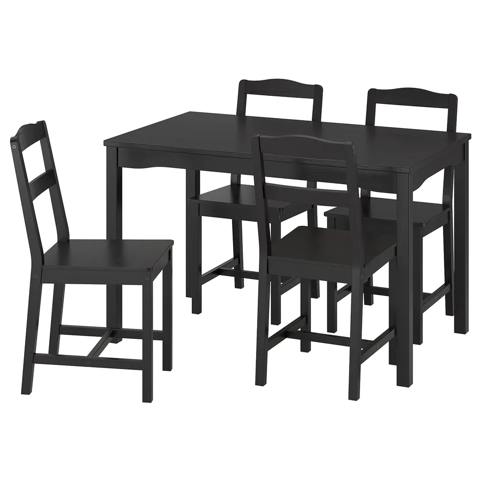 HÄGERNÄS black dining set includes a square table and four matching chairs, sleek design, sturdy wooden construction.