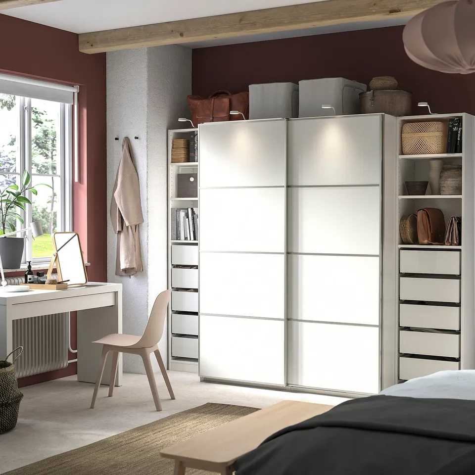 Modern bedroom with furniture, beige decor