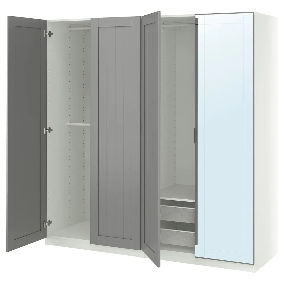 An open grey and white PAX wardrobe with glass and wooden doors, featuring shelves and drawers inside.