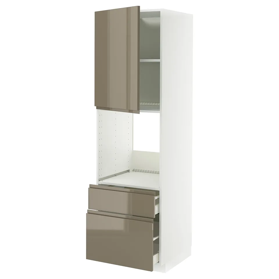 Modern kitchen unit. High gloss tan drawers & door. White frame. Tall, slim design. Open shelf above drawers.