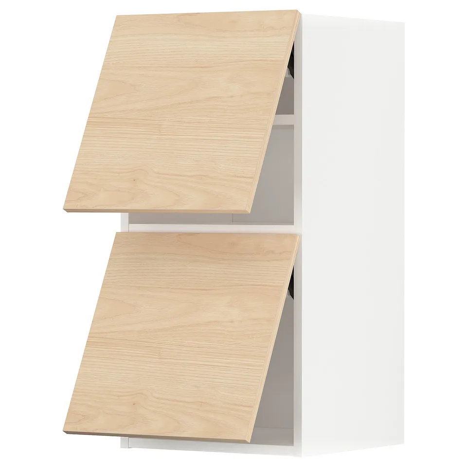 Wooden kitchen cabinet doors in light ash colour, slightly angled, displayed against white background.