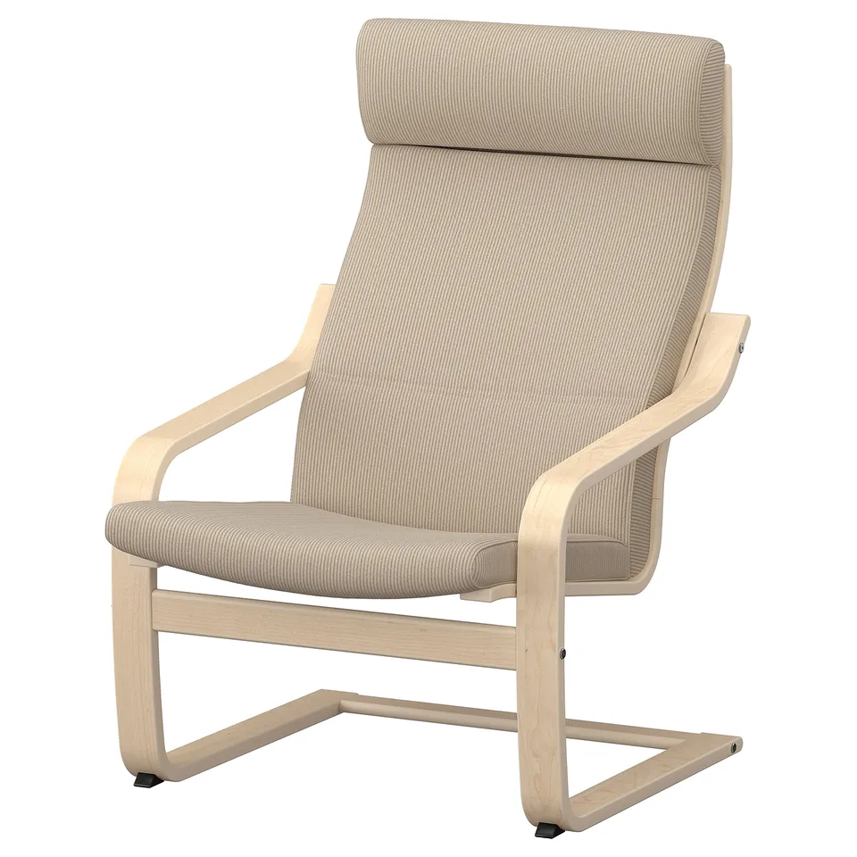 Modern reclining chair, light wood frame, beige pattern fabric, comfortable high back.