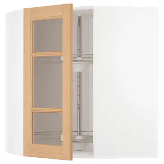 METOD corner wall cab w carousel/glass dr, white/Vedhamn oak, 68x37x80 cm