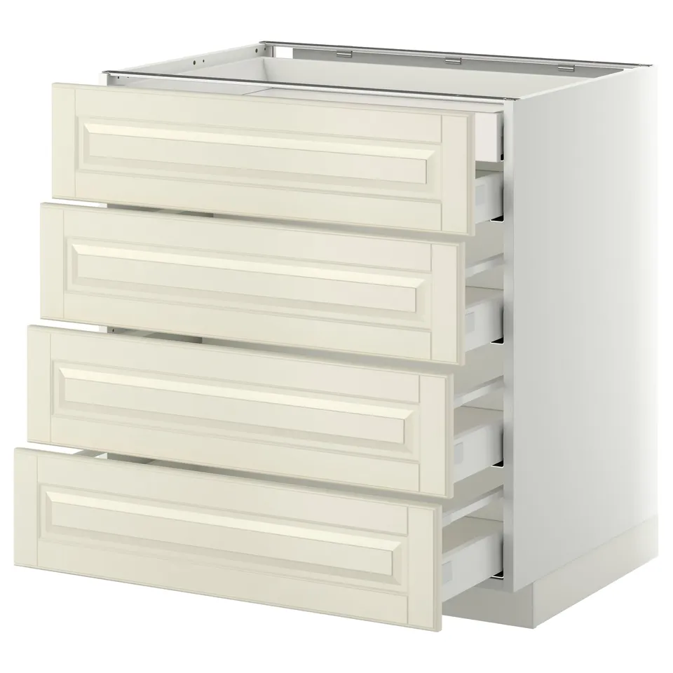 A white METOD kitchen cabinet with four drawers, each featuring off-white bodbyn fronts with bevelled edges for a traditional look.