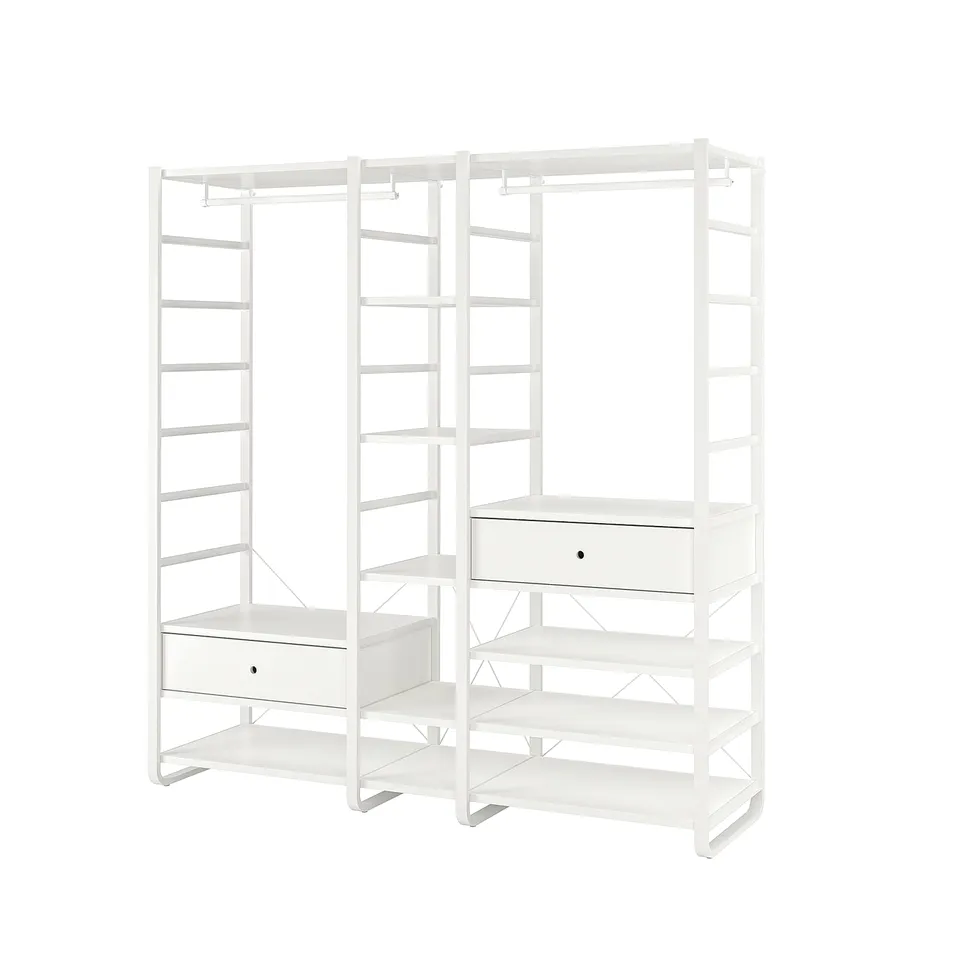 A white ELVARLI storage system with shelves and drawers, designed for versatile and adaptable home organisation.