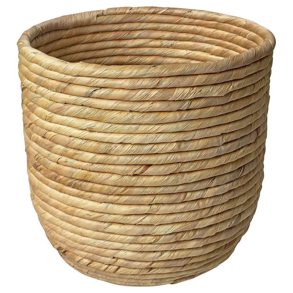 Wicker basket, natural colour, woven sedge & water hyacinth, round shape, rustic design.