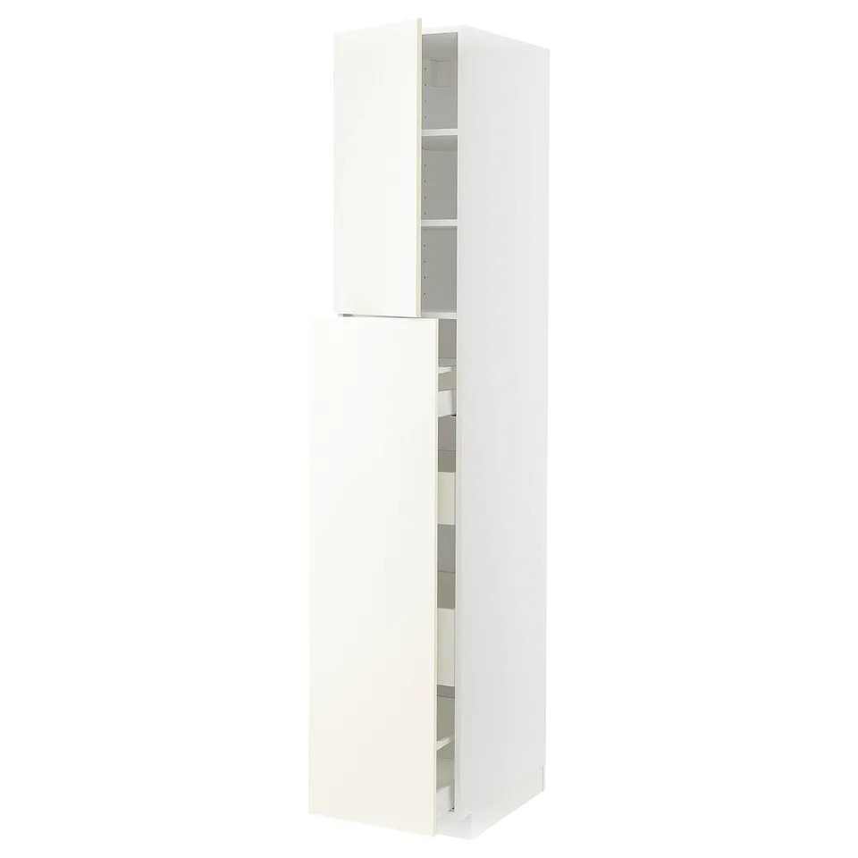 White METOD kitchen cabinet, tall with shelves and drawers.