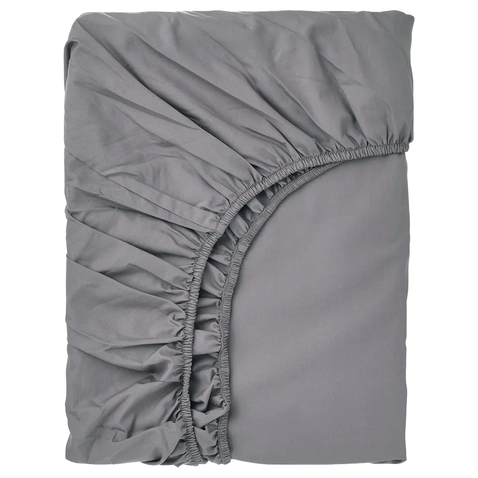 Grey RÖNNVECKMAL bed sheet, crisp cotton percale, rectangular with elastic corners.