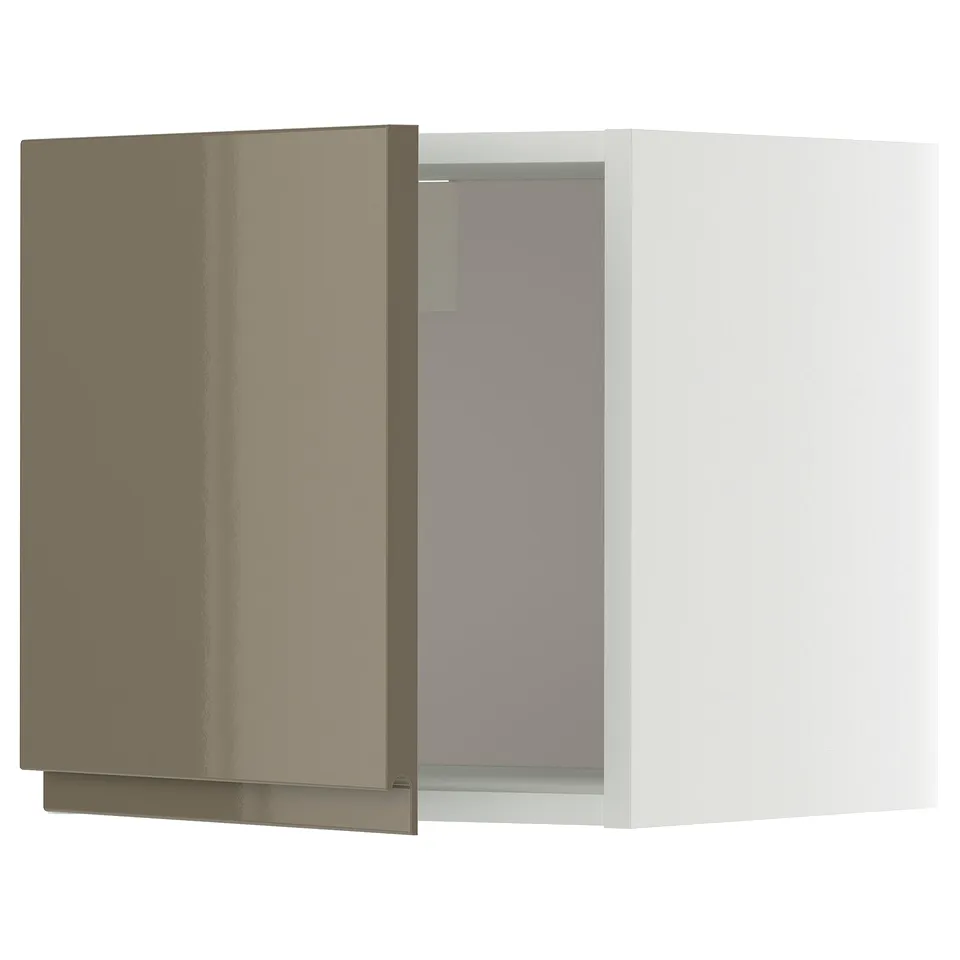 Modern kitchen cabinet, white and bronze, sleek, minimalist design, glossy finish.