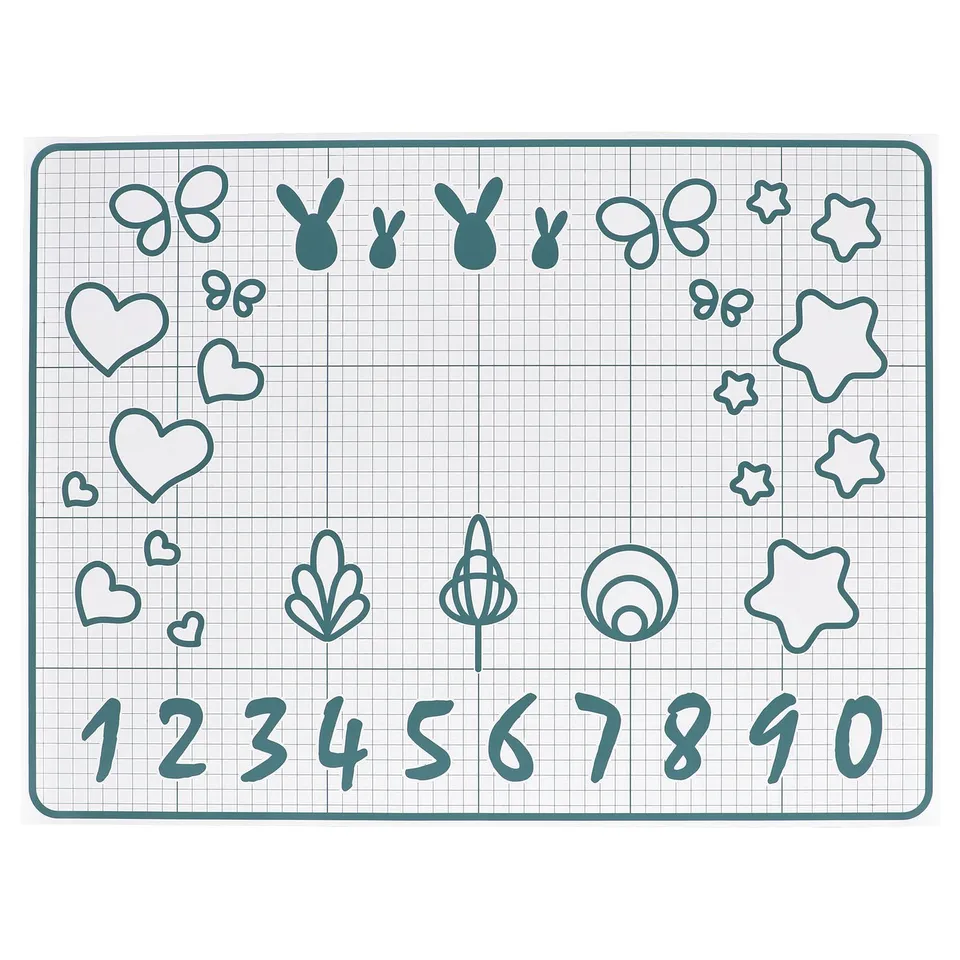 Teal baking mat with hearts, stars, and numbers, designed for cutting cookies and cake decorating.