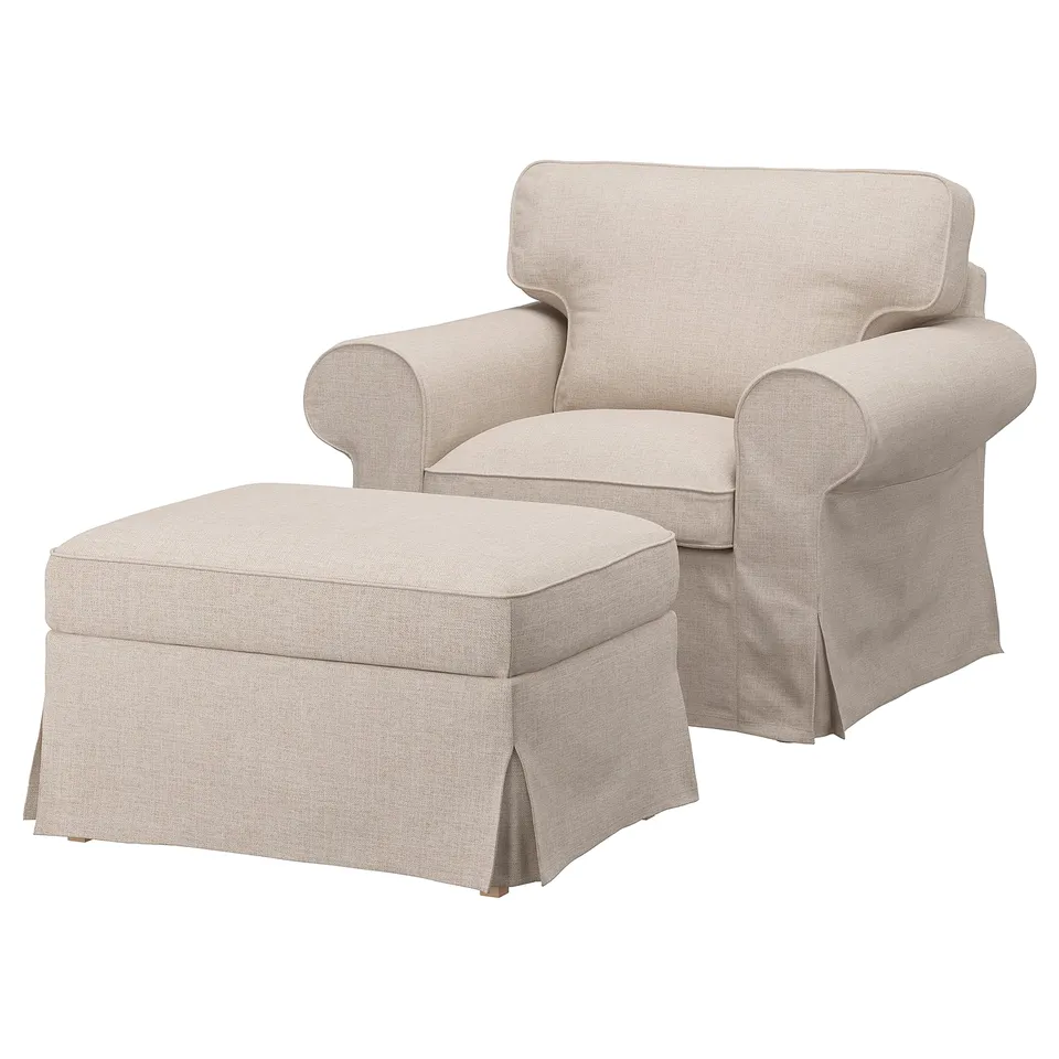 EKTORP armchair & ottoman, beige, plush fabric, rolled arms, deep seat, comfortable, inviting.