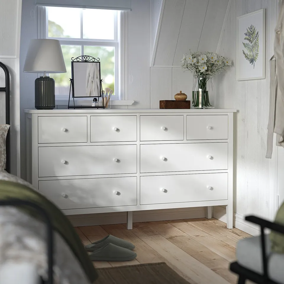 GULLABERG white bedroom set: wide chest, tall lamp, mirror, vase, art, cosy slippers.