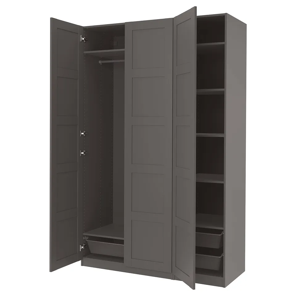 Dark grey PAX wardrobe, open showing storage and shelves.