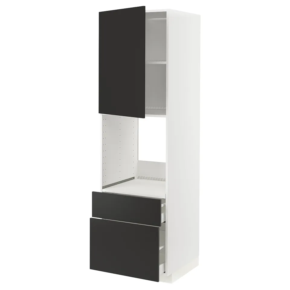 Modern METOD kitchen unit, white with black drawers and doors, tall, sleek design.