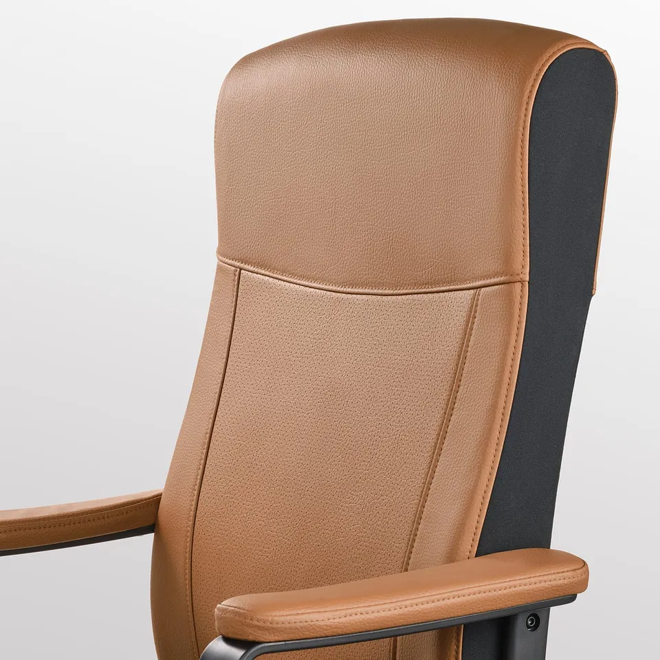 Ergonomic office chair with sturdy back and armrests, upholstered in smooth brown fabric for comfort.