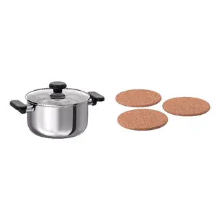 HEAT/MIDDAGSMAT set: pot with lid + pot stand, clear glass/stainless steel + cork, 3 l