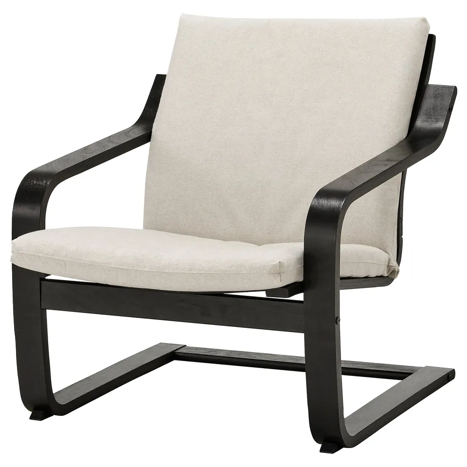 POÄNG chair, beige fabric, black frame, modern design, rocking base.