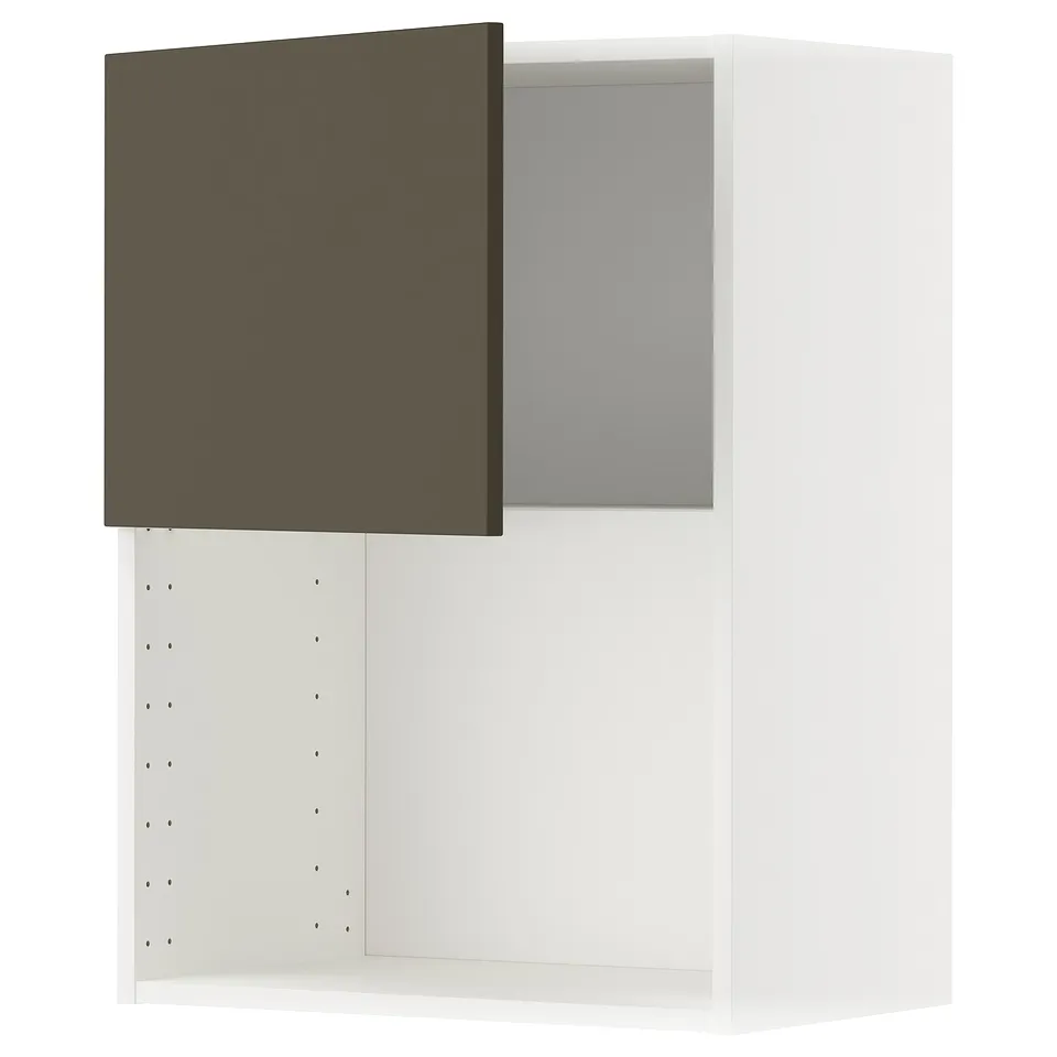A white METOD kitchen cabinet with a dark brown door, featuring a modern design and adjustable shelf.