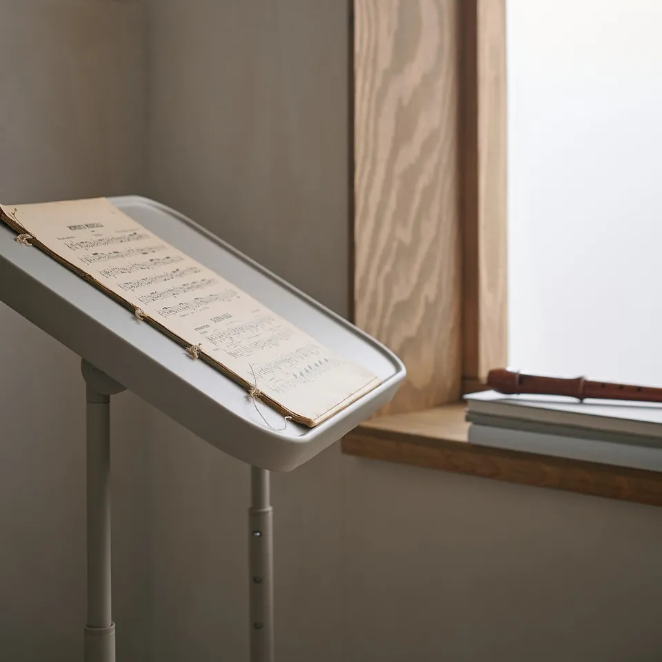 Beige BJÖRKÅSEN laptop stand near window with sheet music.