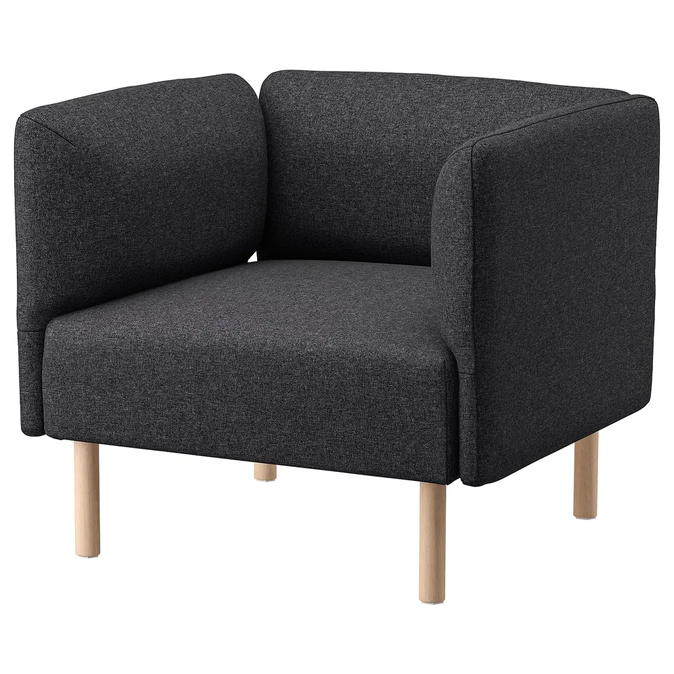 Black LILLEHEM armchair, modern and boxy design, upholstered in fabric, four wooden legs.