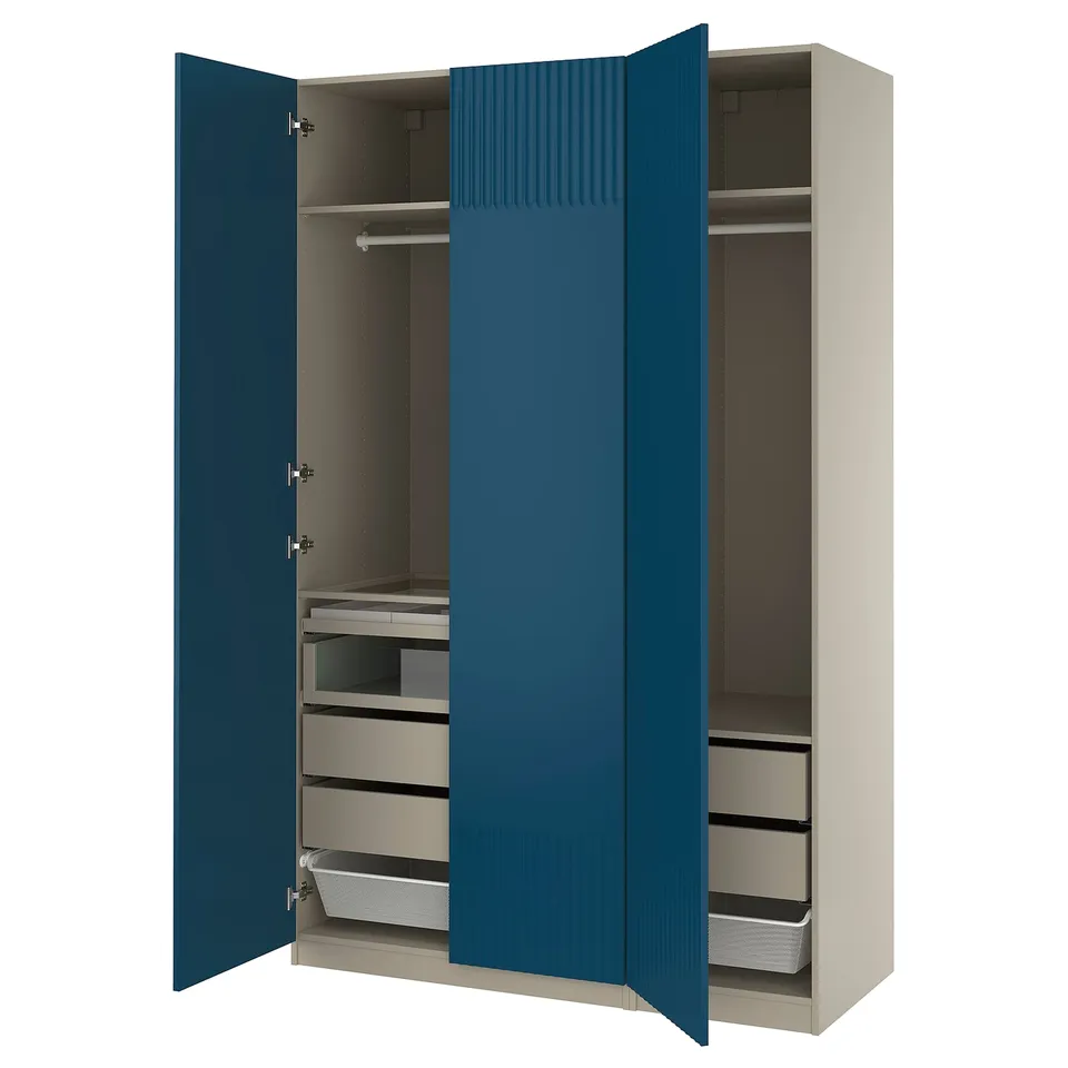The open ikea PAX wardrobe with blue doors, featuring shelves and drawers inside.