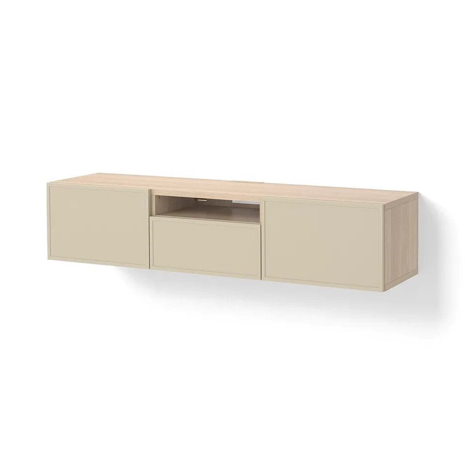 BESTÅ TV bench, white stained oak effect/Krukmakare beige, 180x42x39 cm