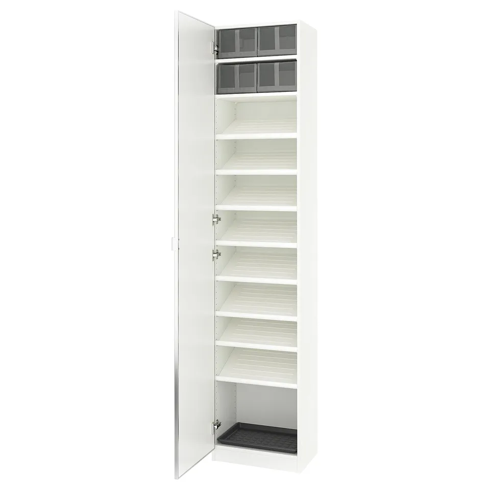 A white PAX wardrobe with mirrored doors and multiple shelves inside.