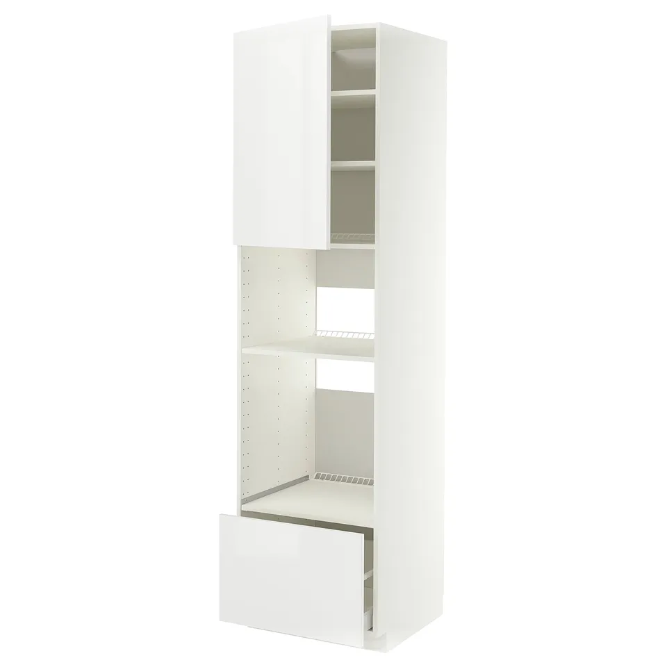 White high gloss METOD kitchen cabinet, tall with shelves and drawers.
