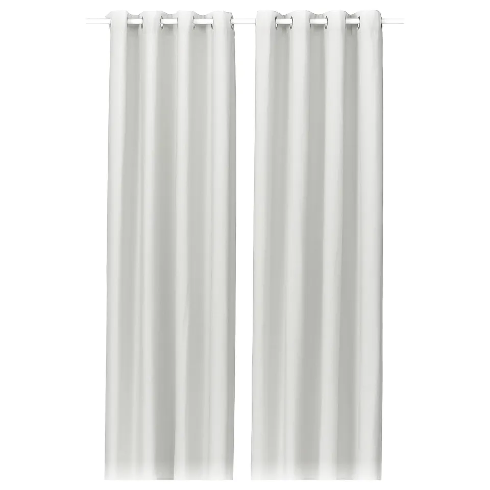 Image shows white GINSTMOTT curtains with eyelets, simple and sleek design, made from recycled polyester for sustainability and privacy.