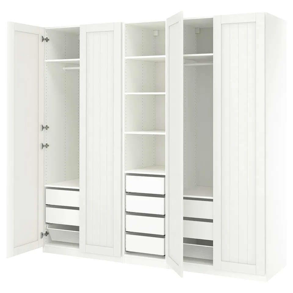 White PAX wardrobe, 3-part. Shelves, drawers, rail. Modern, vertically panelled.
