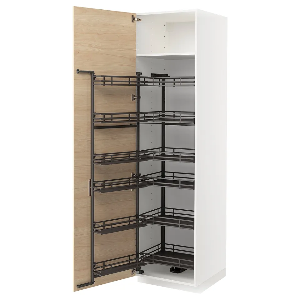 White METOD kitchen cabinet with light ash shelves.