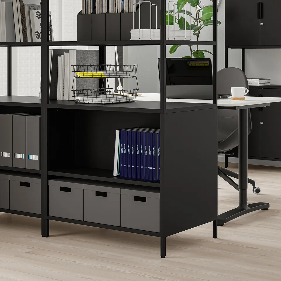 TROTTEN double-sided office cabinet with open/closed storage, shelves, drawers, and notice board for organisation and sound reduction.