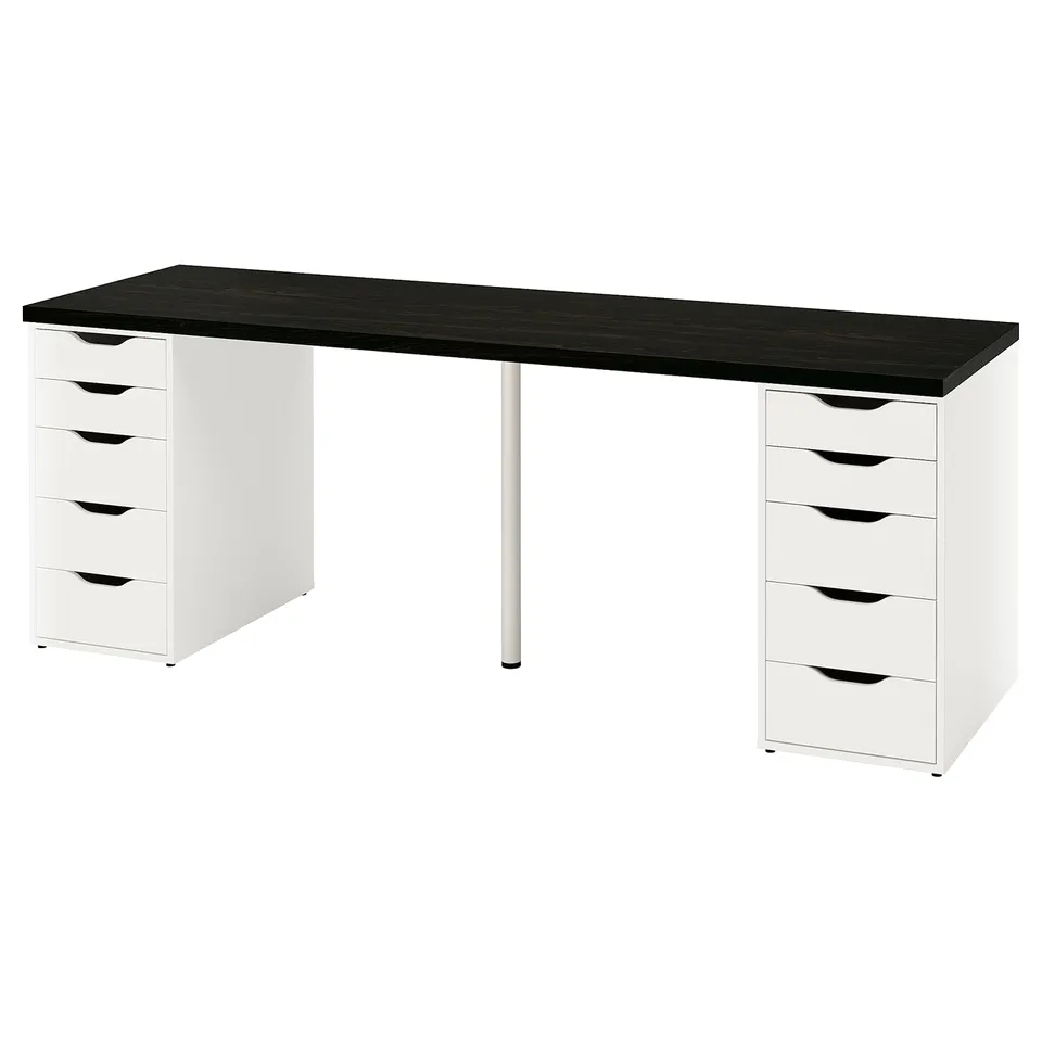LAGKAPTEN desk: black top, white drawers, modern design. Sturdy legs, five drawers.