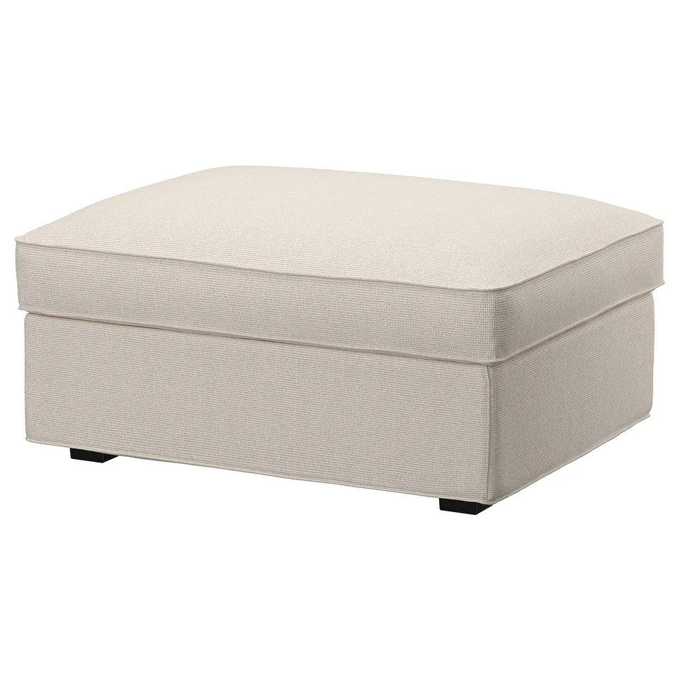 A KIVIK footstool in beige, featuring a square, cushioned design with a removable, machine-washable cover made from recycled polyester and cotton.