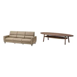 RULLERUM/STOCKHOLM set: 3-seat sofa w 2 electric recliners + coffee table, Grann/Bomstad beige + walnut veneer, Depth 94 x Height 98 x Width 259 cm