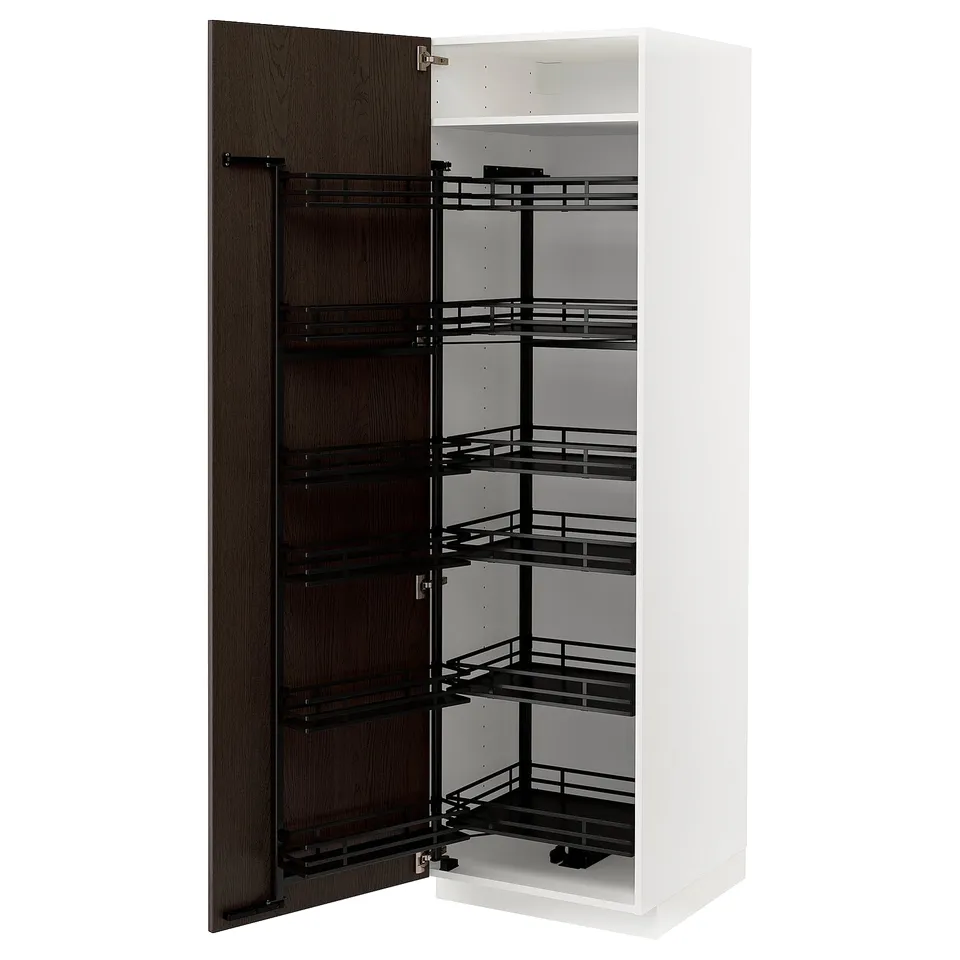 A white METOD kitchen cabinet with dark brown sinarp fronts. It five pull-out shelves for storage.