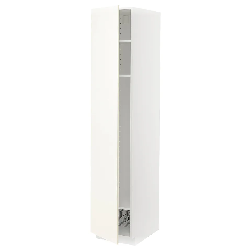 White METOD kitchen cabinet; tall with shelves and wire basket, modern, minimalist design.