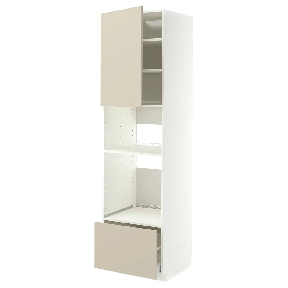 METOD beige kitchen cabinet: smooth, tall unit with adjustable shelves, one open door, sturdy white frame.