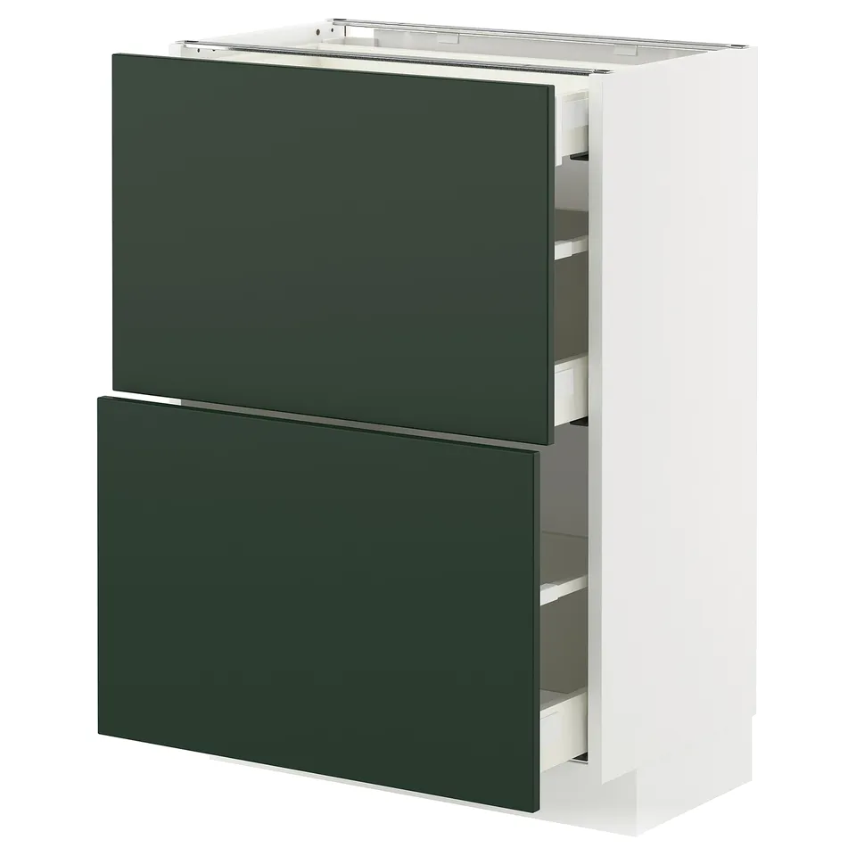 A METOD kitchen cabinet with green havstorp fronts. It two drawers on a white base.