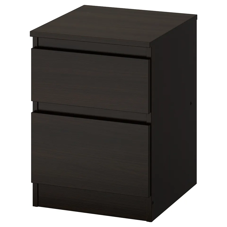 KULLEN black chest of drawers, 3-drawer bedside table, sleek design, dark brown wood.