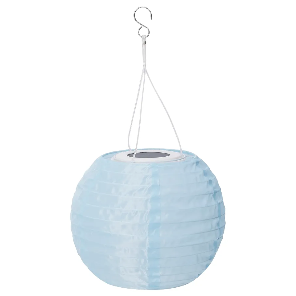 SOLVINDEN solar lantern, blue, round with solar panel at top, recycled plastic.