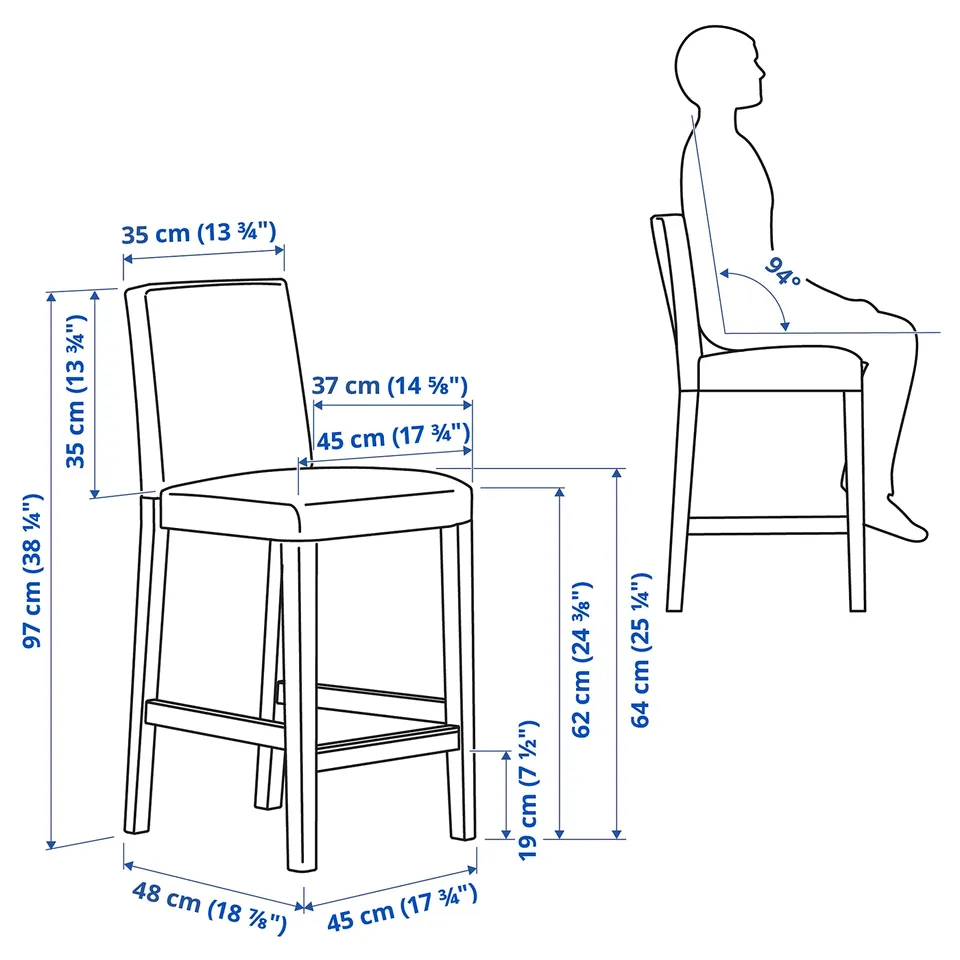 BERGMUND Bar stool with backrest, counter height black/Glose black, 62 cm