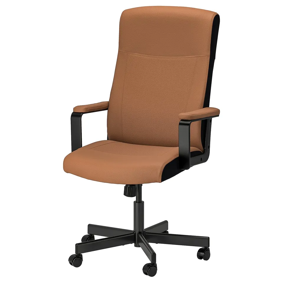 Brown office chair, high back, armrests, wheels, adjustable, padded.