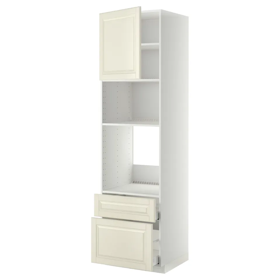 A white ikea METOD kitchen cabinet with a traditional design, off-white bodbyn doors, and adjustable shelves.