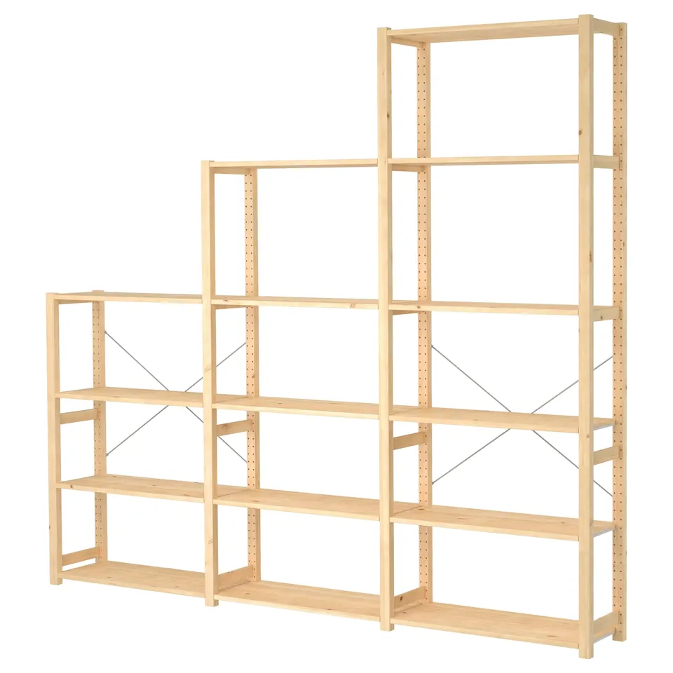 IVAR pine storage shelves, natural wood, sturdy rectangular design, adjustable shelves.